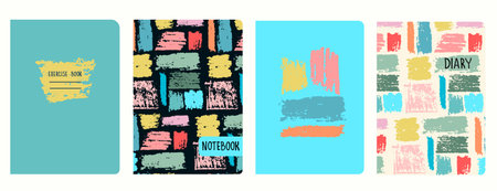 Set of cover page vector templates with multicolored paint stripes, brushstroke effect. Based on seamless patterns. Headers isolated and replaceable. Perfect for school notebooks, diariesのイラスト素材