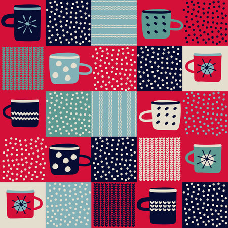 Seamless pattern, patchwork with hand drawn cups, polka dot, waves in rustic Scandinavian hygge...