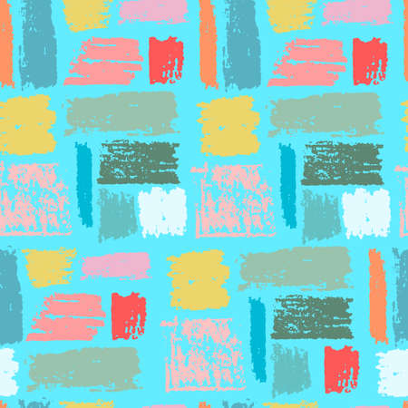 Seamless repeating pattern with multicolored paint stripes on turquoise background. Brushstroke effect. Abstract vector wallpaper for surface design and other design projectsのイラスト素材