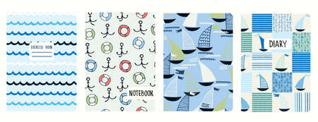 Cover page vector templates with sailing boats, waves, anchors, lifesavers. Headers isolated and replaceableのイラスト素材