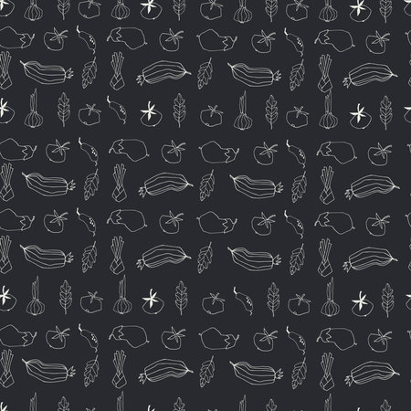 Seamless repeating pattern with vegetables in rows. Geometric outlined illustrations on black...