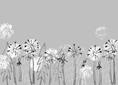 Floral background with place for your text. Hand drawn Dandelion flowers on gray. Greeting card, flyer templateのイラスト素材