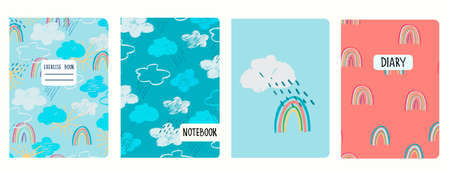 Cover page templates with sky, clouds, rain, rainbows, sun in childs drawing style. Headers isolated and replaceableのイラスト素材