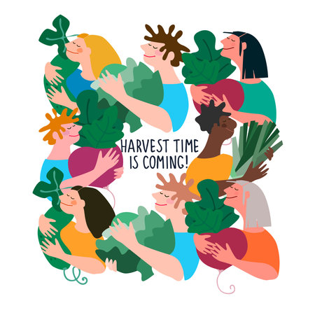 Happy multiracial people holding giant vegetables. Harvest Time hand-lettered quote. Vector backgroundのイラスト素材