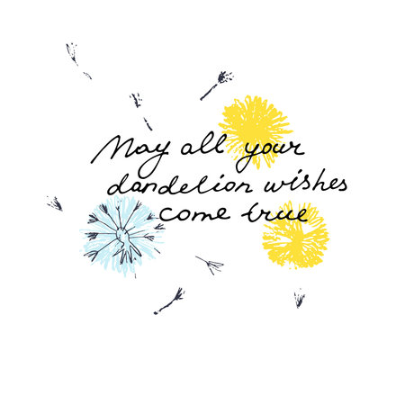 May All Your Dandelion Wishes Come True card. Hand drawn illustration of dandelions with seeds blowing in the windのイラスト素材