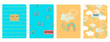 Cover page templates with sky, clouds, rain, rainbows in childs drawing style. Headers isolated and...