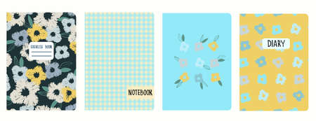 Cover page vector templates with viola flowers and gingham checks. Headers isolated and replaceableのイラスト素材