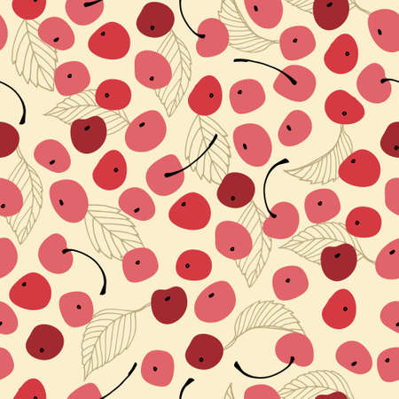 Seamless repeating pattern with hand drawn cherries on light-blue backgroundのイラスト素材