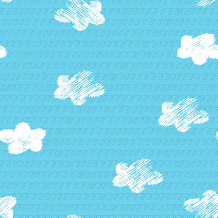 Seamless pattern with blue sky, white clouds and spiral linesのイラスト素材