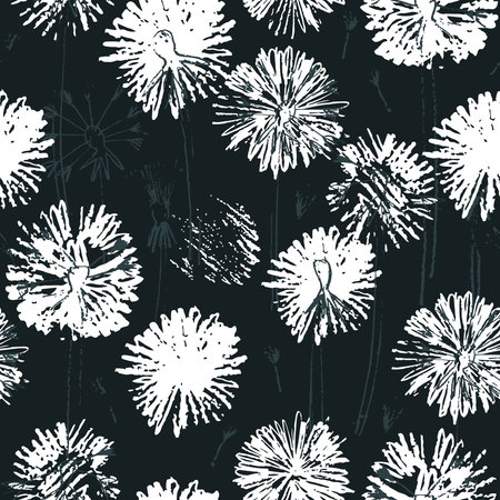 Seamless pattern with dandelion flower heads on black backgroundのイラスト素材