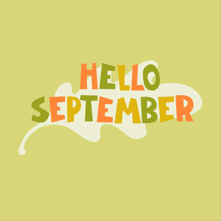 Hello September. Autumn seasonal background. Hand lettering, oak leafのイラスト素材