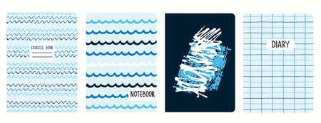Cover page templates with hand drawn gridlines, wavy line, abstract brush strokes. Headers isolated, replaceableのイラスト素材