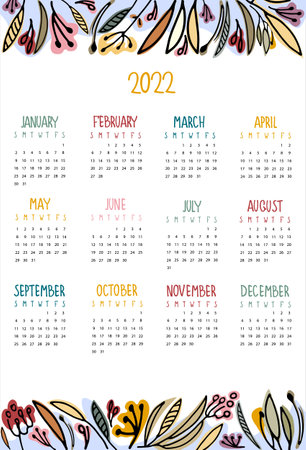 Calendar 2022 with hand drawn flowers and inflorescencesのイラスト素材