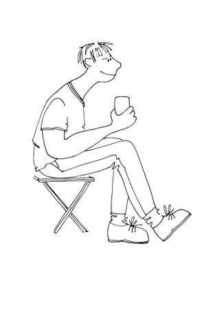 Teenager boy sitting with mobile phone in hands. Outlined vector illustartionのイラスト素材