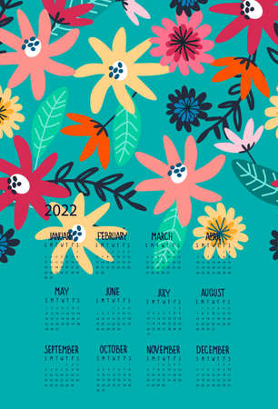 Calendar 2022 with hand drawn wildflowers on turquoise backgroundのイラスト素材