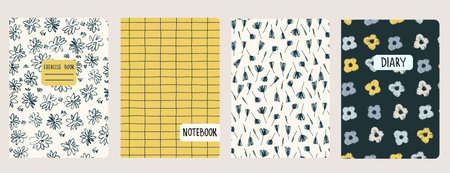 Cover page templates based on patterns with viola flowers in Ditzy style, and grid. Headers...
