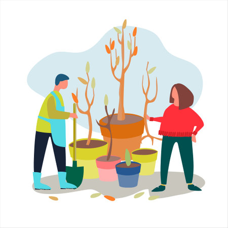 People planting tree seedlings vector illustration. Autumn working concept. Tree seedlings sales advertisementのイラスト素材
