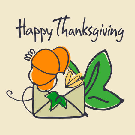 Thanksgiving Day greeting card design with envelope and pumpkin. Hand drawn vector illustration, hand letteringのイラスト素材