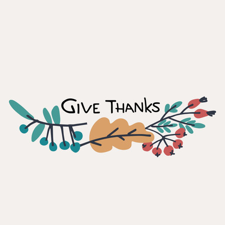 Thanksgiving Day greeting card design. Give Thanks hand lettering decorated with berries, leaves on beige backgroundのイラスト素材