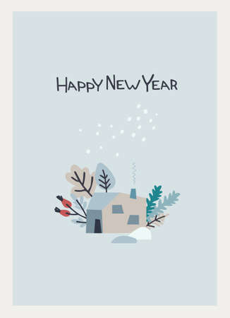 Happy New Year greeting card. Minimalistic design with country house, stylized trees, snowのイラスト素材
