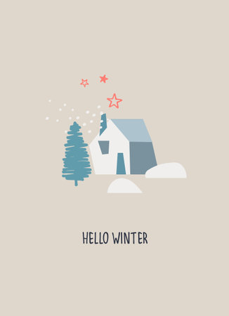 Winter seasonal illustration. Good mood card. Hello Winter hand lettering, country house, fir tree, snow, fireworksのイラスト素材