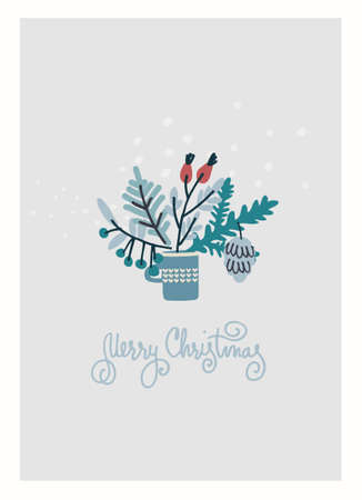 Merry Christmas greeting card with branch arrangement on blue backgroundのイラスト素材