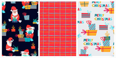 Set of patterns for Christmas wrapping paper. Festive backgrounds. Hand drawn funny Santa Claus with gift packagesのイラスト素材