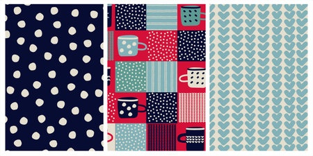 Set of seamless patterns for Christmas wrapping paper. Backgrounds with snowflake-lake dots, knitted...