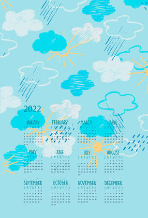 Calendar 2022 template with blue sky, clouds, rain showers and sun. Childs drawing styleのイラスト素材