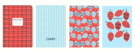 Set of cover page templates based on patterns with fir cones, plaid, gingham checks. Headers isolated, replaceableのイラスト素材