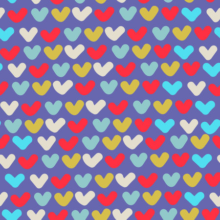 Seamless pattern. Rows of hand drawn multicolored hearts on Very Peri colors. Valentines Day, love...