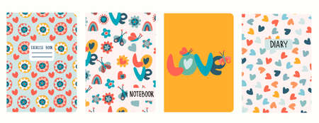 Cover page templates based on patterns with flowers and herts. Headers isolated, replaceableのイラスト素材