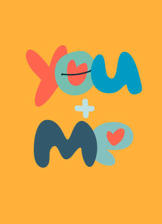 Hand-lettered phrase You plus me. Love, Romance, Valentines Day concept. Retro 60s, 70s designのイラスト素材
