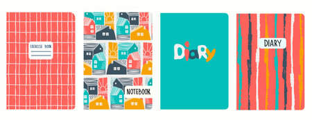 Cover page templates based on patterns with townscapes, grid, striped pattern. Perfect for notebooks, diariesのイラスト素材