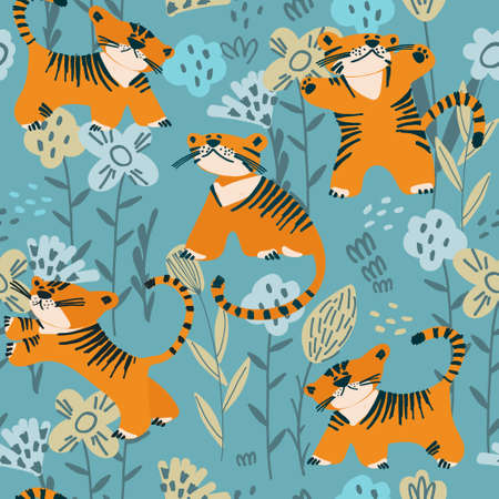 Seamless pattern with tiger cubs playing among the flowers in childs drawing styleのイラスト素材