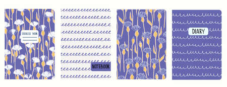 Cover page templates based on pattern with cornflowers, plaid, abstract spots. Headers isolated, replaceableのイラスト素材