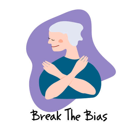 Old Woman with crossed arms and inscription Break The Bias, symbol of 2022のイラスト素材
