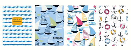 Cover page vector templates with sailing boats, waves. Headers isolated and replaceableのイラスト素材
