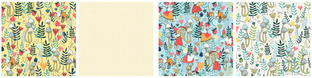 Seamless patterns set with funny female gnome gathering berries, mushrooms, flowers. Fairy tale elf...