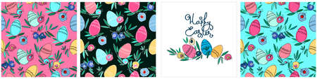 Seamless patterns set and card on Easter theme with colored eggs, flowers, leavesのイラスト素材