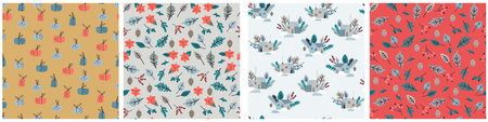Seamless patterns set with snowy houses, fir tree branches, frozen leaves, berries