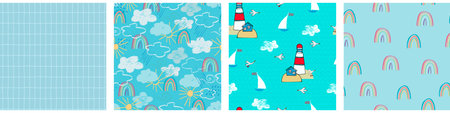 Seamless patterns set with blue sky, white clouds, rainy clouds, rainbow, sun in childs drawing...