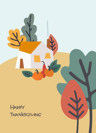 Thanksgiving Day holiday design. Hand-lettered greeting phrase with country house, pumpkins, leaves on white backgroundのイラスト素材