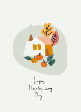 Thanksgiving Day holiday design. Hand-lettered greeting phrase with country house, pumpkins, leaves on white backgroundのイラスト素材