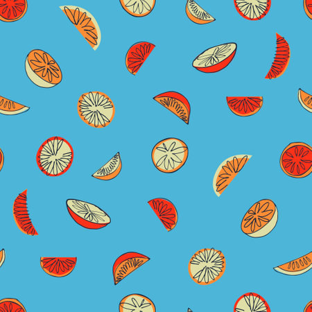 Seamless pattern with citrus for surface design, posters, illustrations. Healthy vegan food, tropical fruit themeのイラスト素材