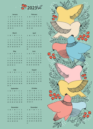 Calendar vector template for year 2023 with hand drawn with birds and berriesのイラスト素材