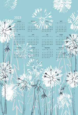 Calendar 2023 with hand drawn fluffy dandelion flowersのイラスト素材