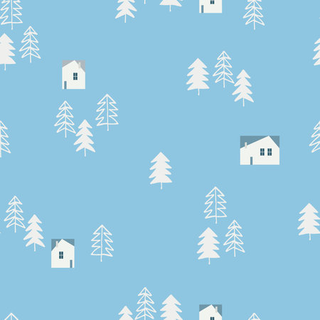 Seamless pattern with snowy fir trees and home for gift wrap, surface design and other design...