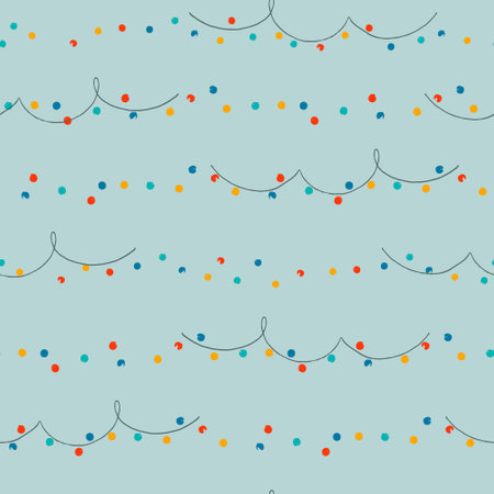 Christmas seamless pattern. Hand drawn garland decorated with patterns in Scandinavian style on red backgroundのイラスト素材