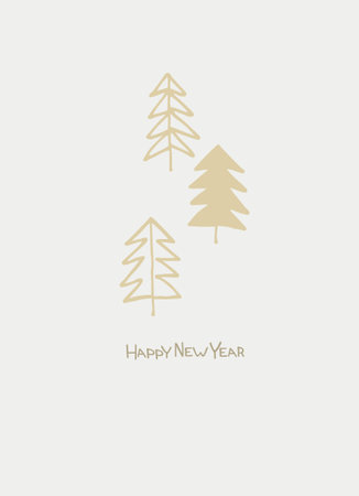 Happy New Year 2023 greeting card. Stylish design with hand drawn fir trees and hand letteringのイラスト素材